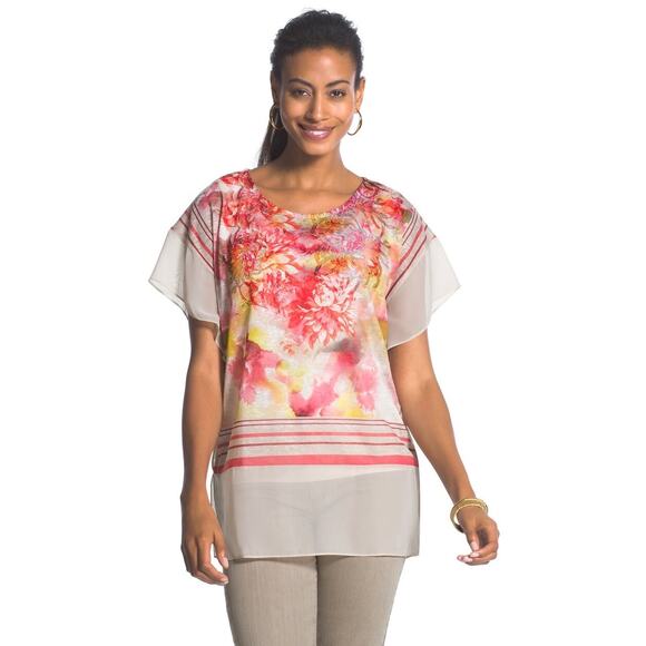 Chico's Fina Floral Striped Top Size L/2 - Picture 1 of 9